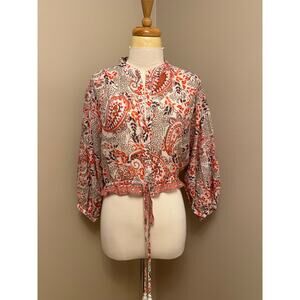 Cara Cara Perrin Top Cream/Orange Paisley Split Neck Cropped Hem Sz Small